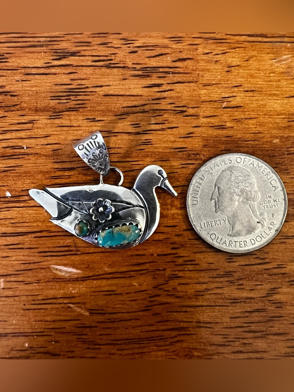 Sterling Silver Kingman Turquoise Duck Pendant - Picture 9 of 10